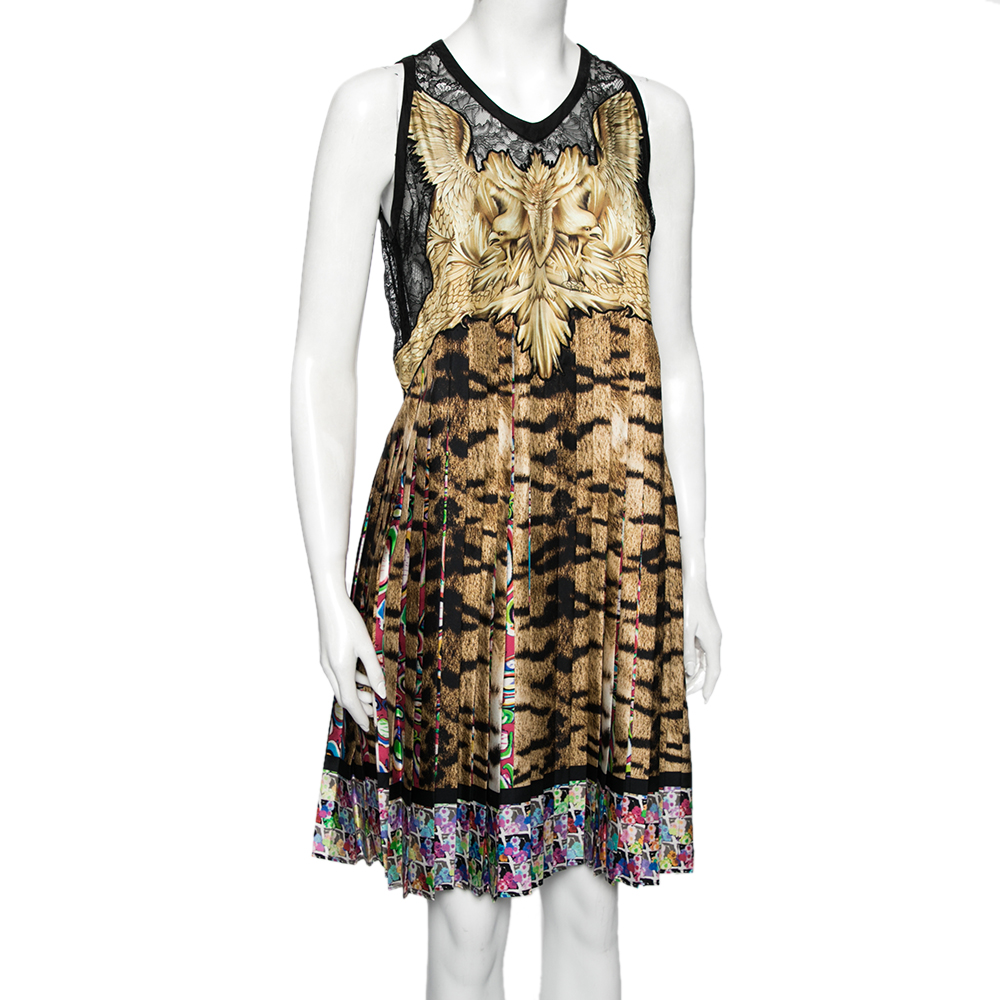 

Roberto Cavalli Multicolor Printed Silk & Lace Sleeveless Pleated Mini Dress