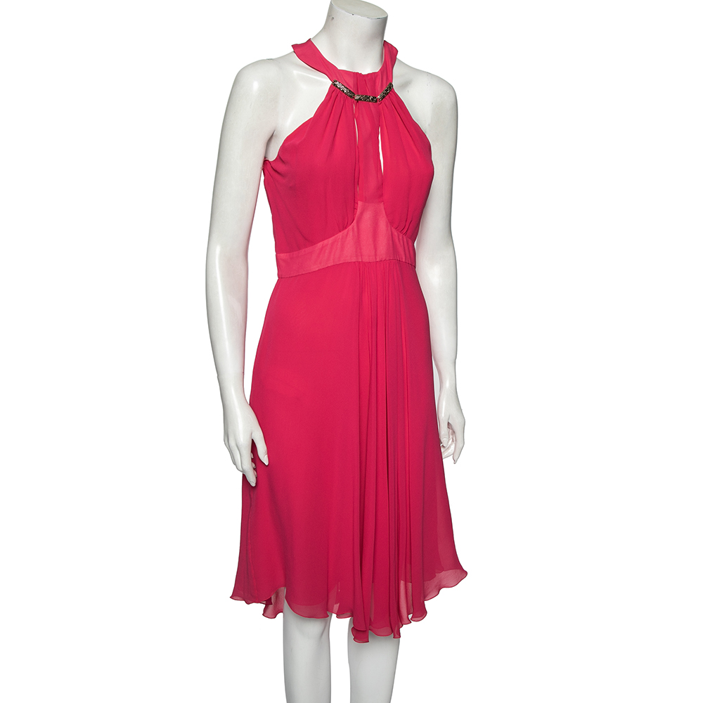

Roberto Cavalli Pink Silk Chiffon Embellished Neck Detail Dress