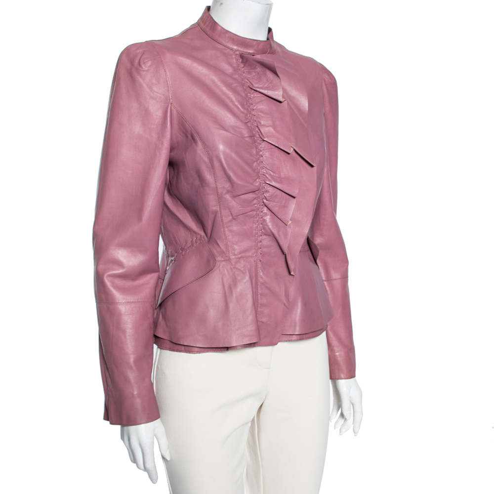 

Roberto Cavalli Pink Leather Woven Trims Long Sleeve Jacket