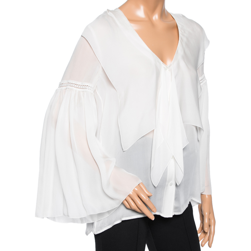 

Roberto Cavalli White Silk Ruffle Front Bell Sleeve Top