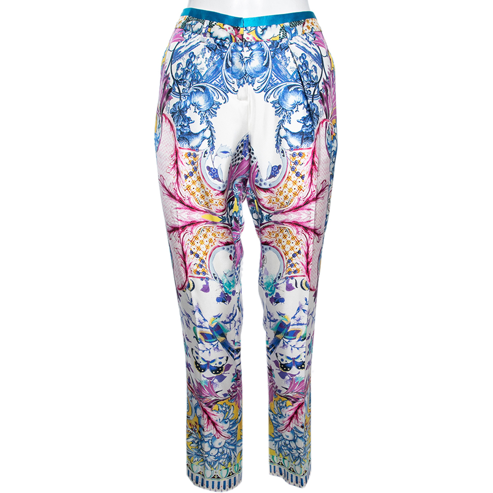 Pre Owned Roberto Cavalli Multicolored Printed Silk Pants M