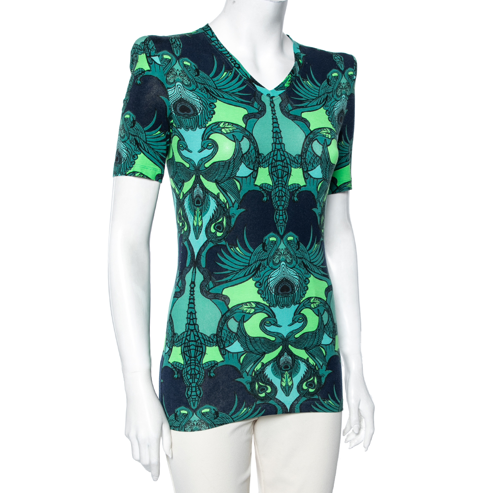 

Roberto Cavalli Blue & Green Animal Print Stretch Knit T-Shirt