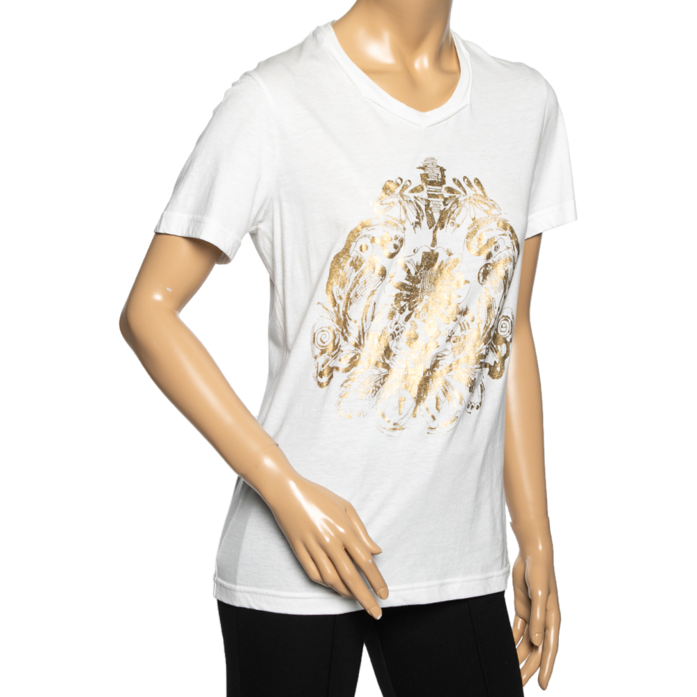 

Roberto Cavalli White Foil Print Stretch Knit T-Shirt