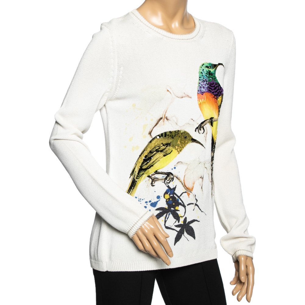 

Roberto Cavalli Cream Knit Sequin Embellished Bird Printed Sweater