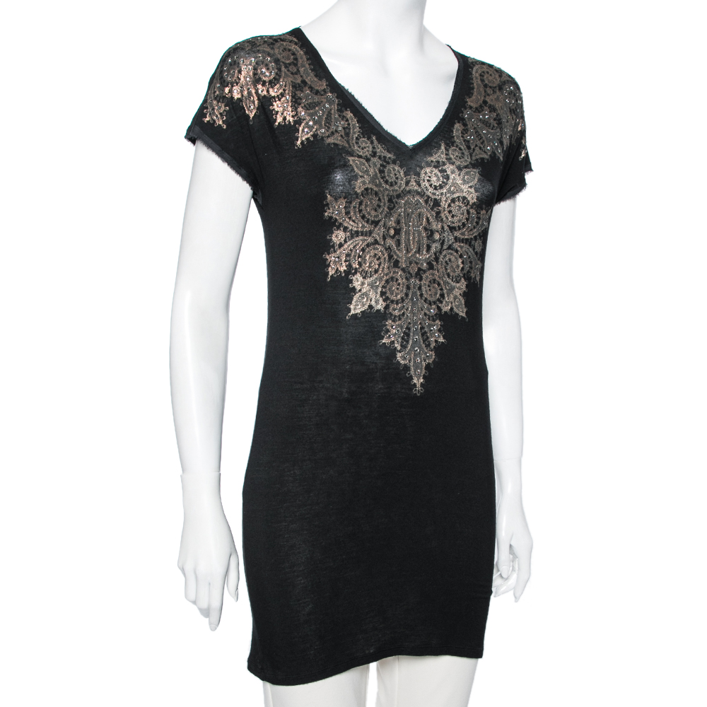 

Roberto Cavalli Black Brocade Printed Jersey Crystal Embellished Cap Sleeve Top