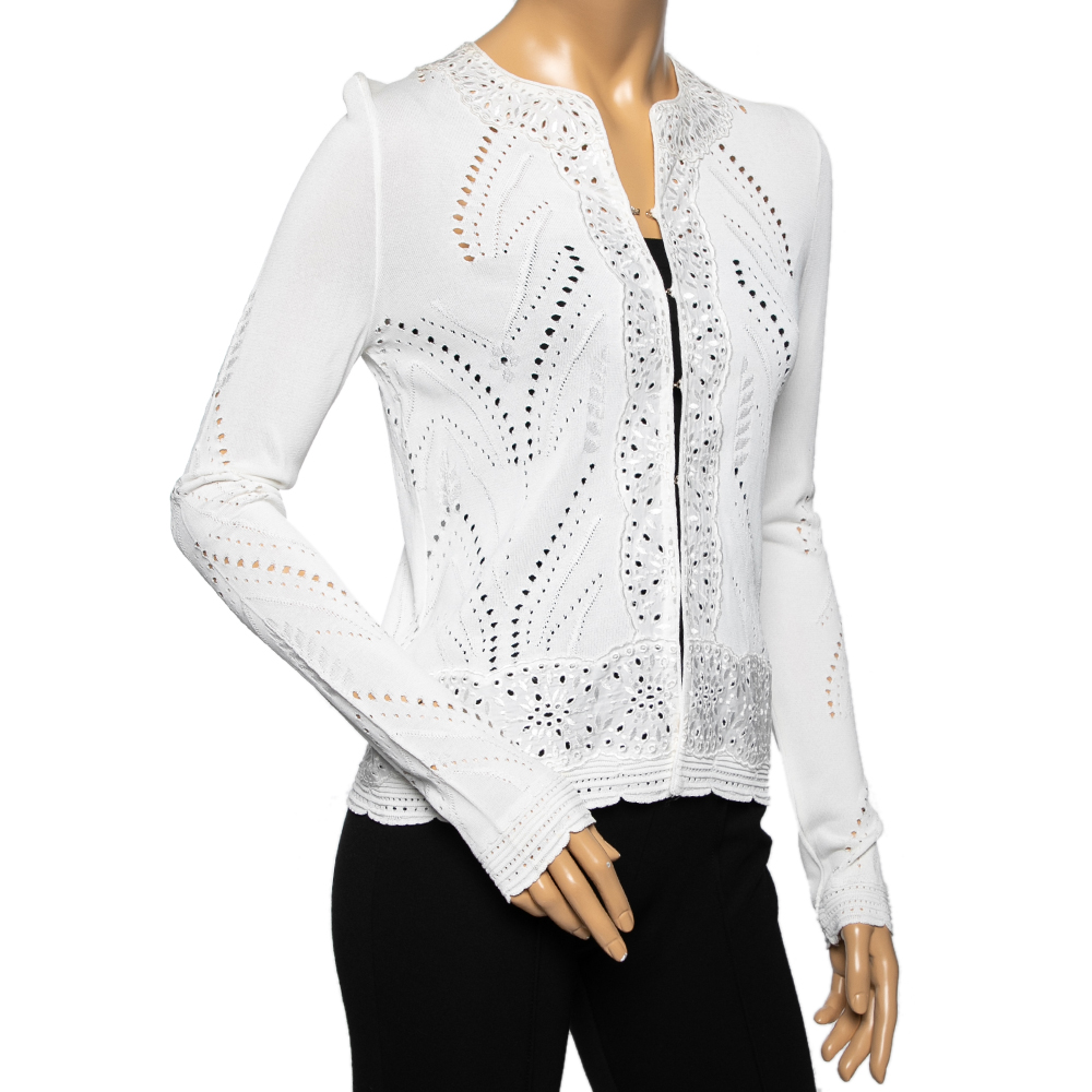 

Roberto Cavalli White Perforated Knit & Embroidered Cotton Hook Front Shrug