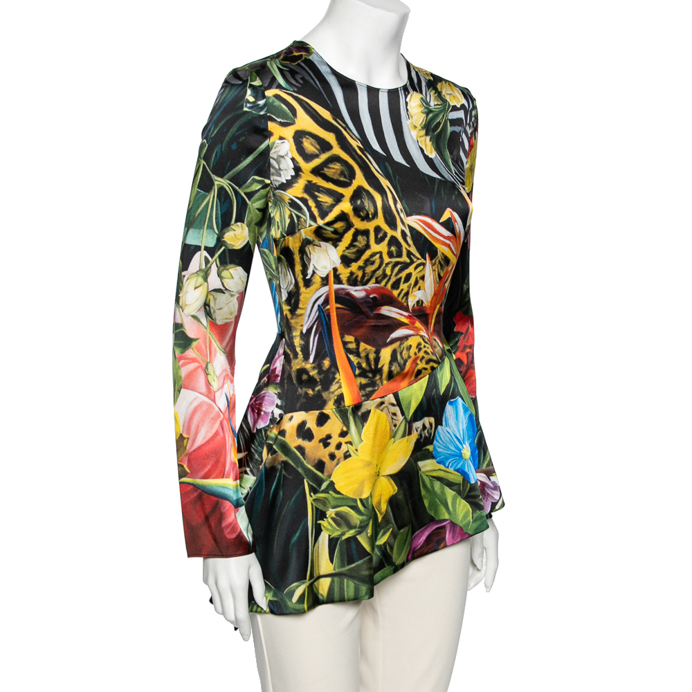 

Roberto Cavalli Multicolor Floral Printed Satin Asymmetric Hem Top