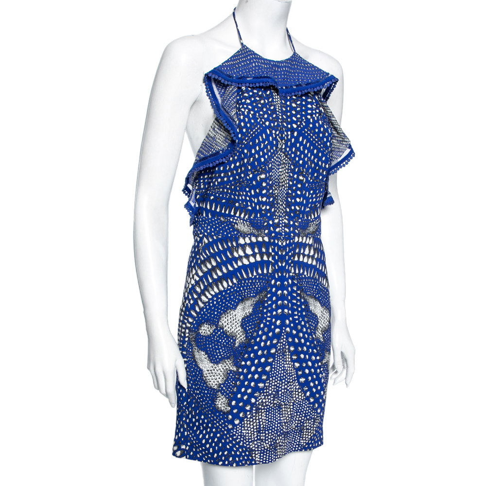 

Roberto Cavalli Blue Printed Crepe Open Back Mini Dress