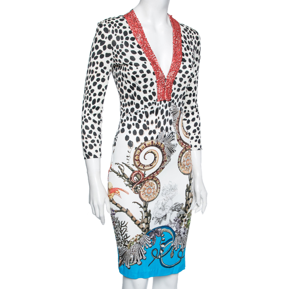 

Roberto Cavalli Multicolor Animal Printed Jersey Beaded V Neck Dress