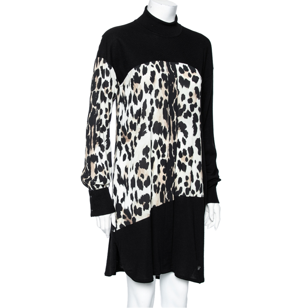 

Roberto Cavalli Black and Brown Leopard Print Wool & Silk Turtleneck Dress