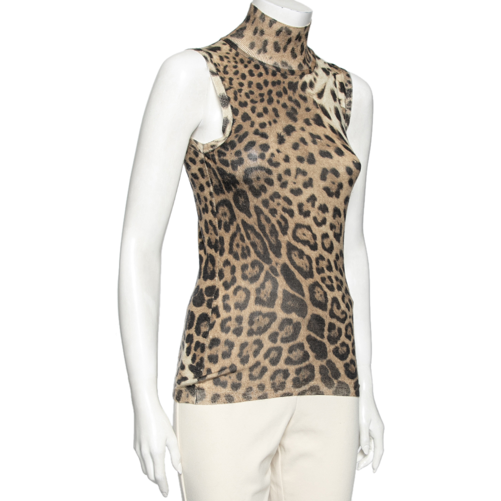 

Roberto Cavalli Brown Leopard Printed Silk Turtleneck Sleeveless Top