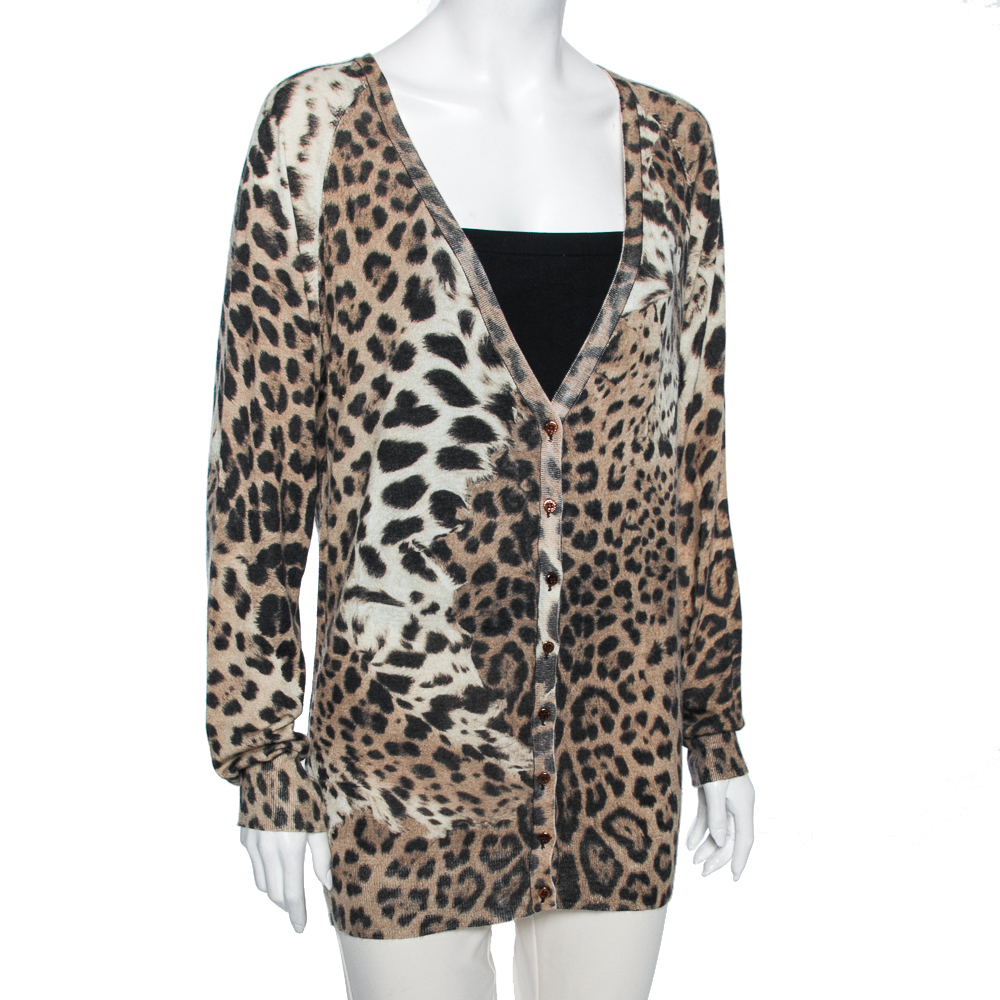 

Roberto Cavalli Brown Leopard Printed Silk Button Front Sweater