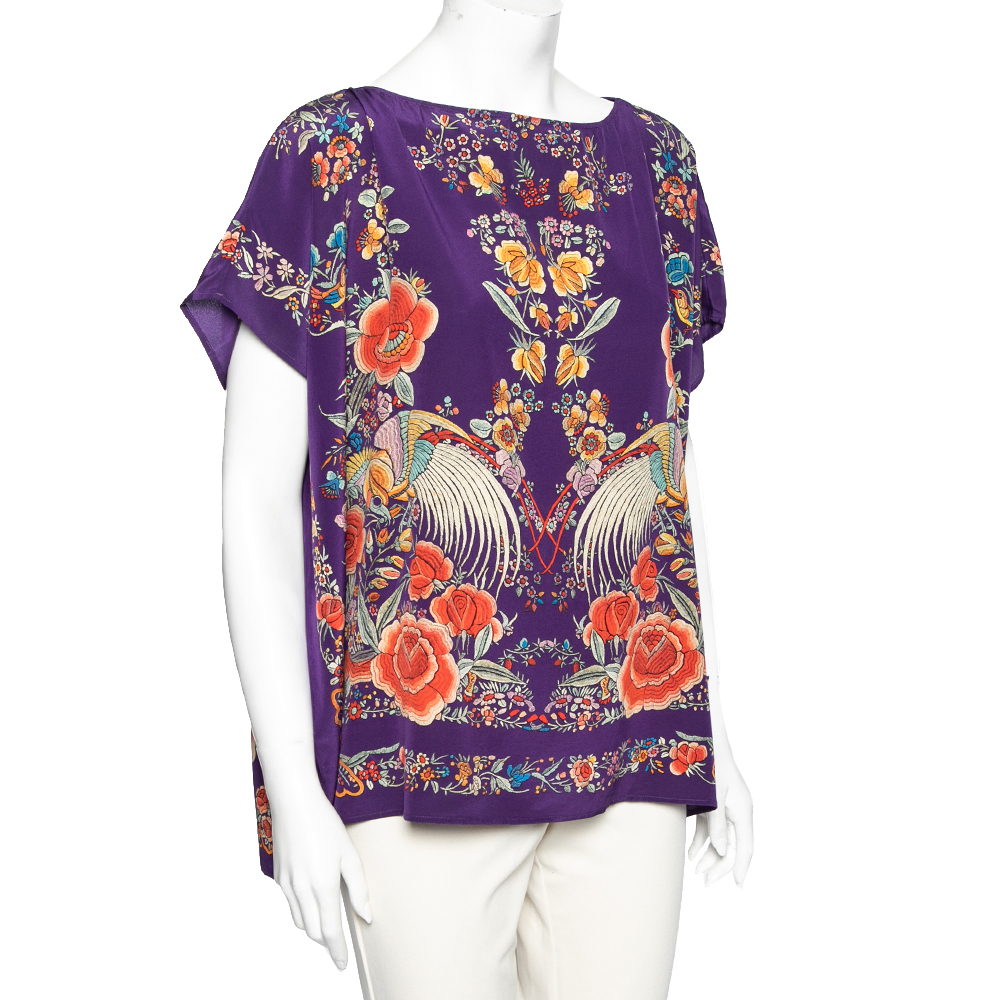 

Roberto Cavalli Purple Floral Printed Silk Kaftan Top