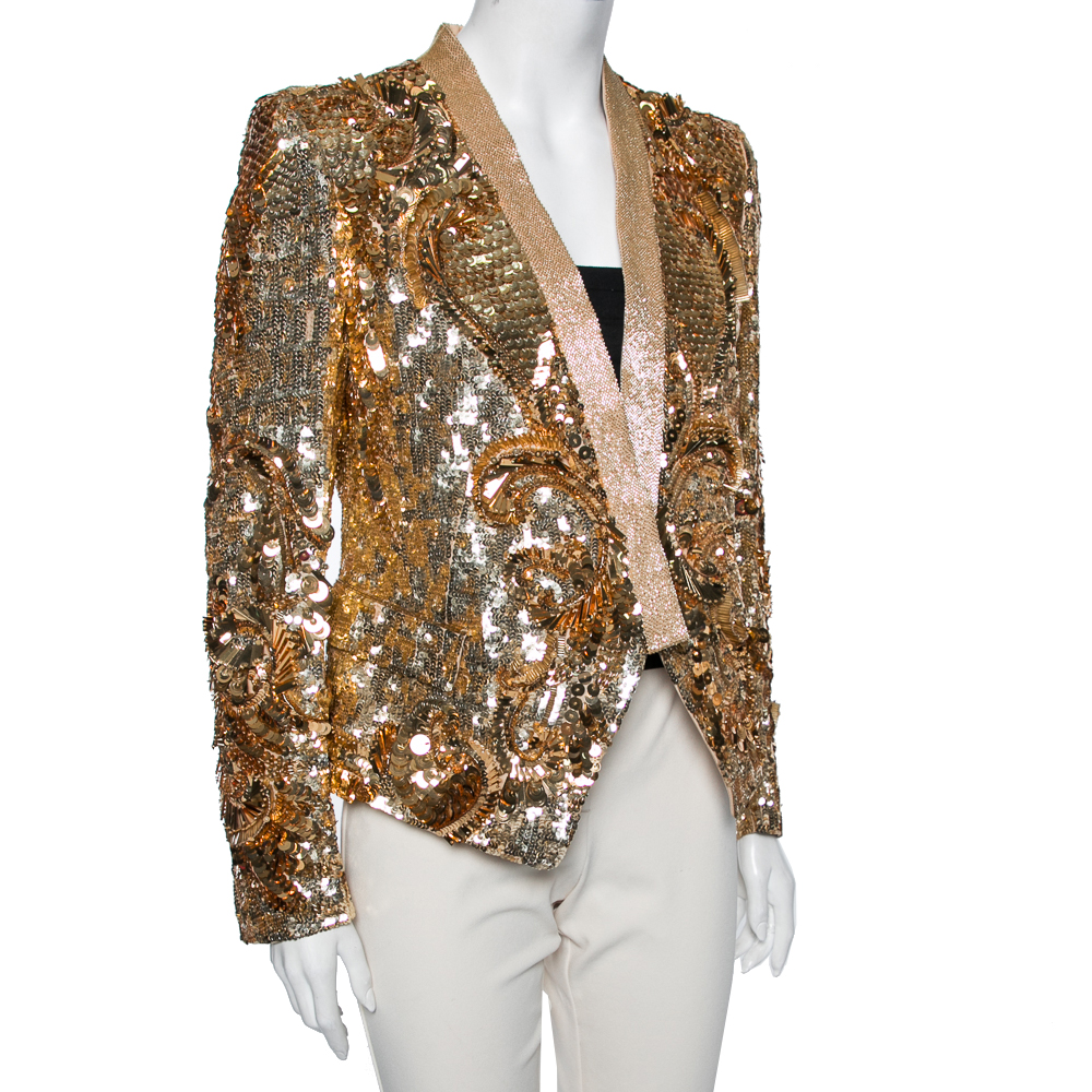 

Roberto Cavalli Gold Sequin and Beaded Long Sleeve Jacket