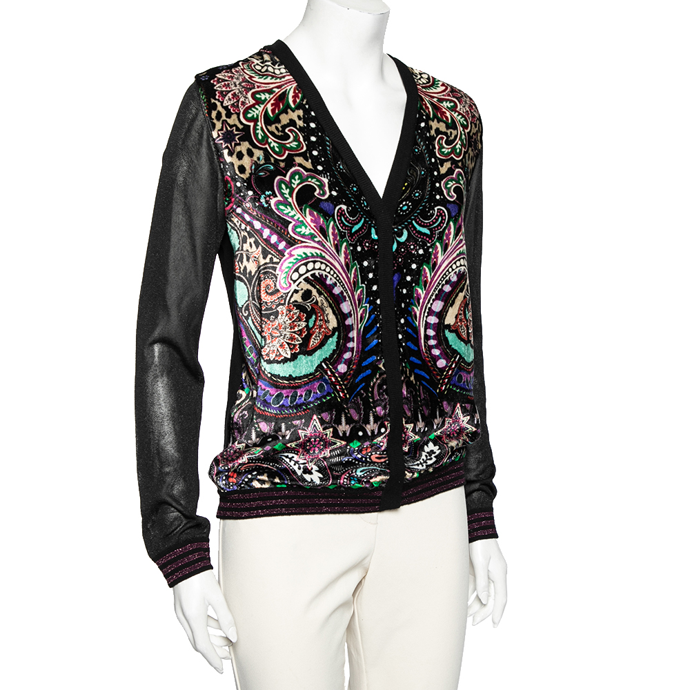 

Roberto Cavalli Black Printed Velour & Knit Button Front Cardigan