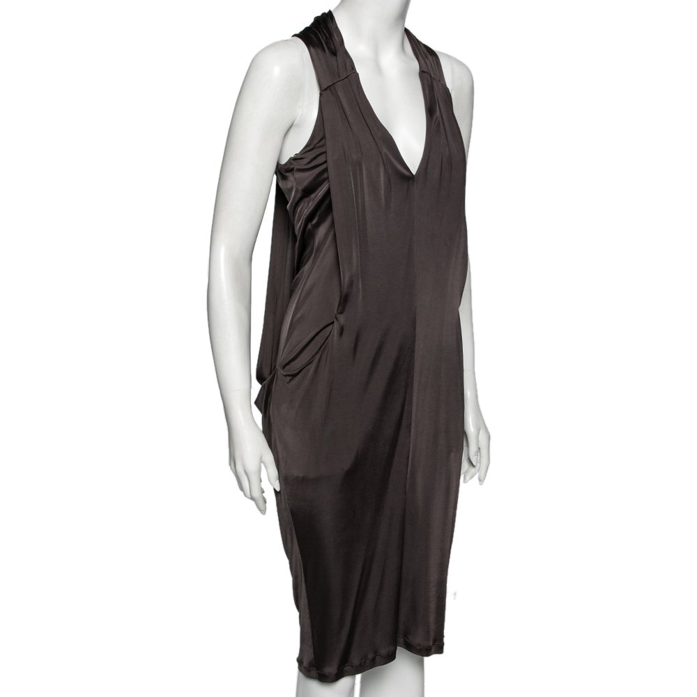 

Roberto Cavalli Grey Jersey Gathered Plunging Neck Dress