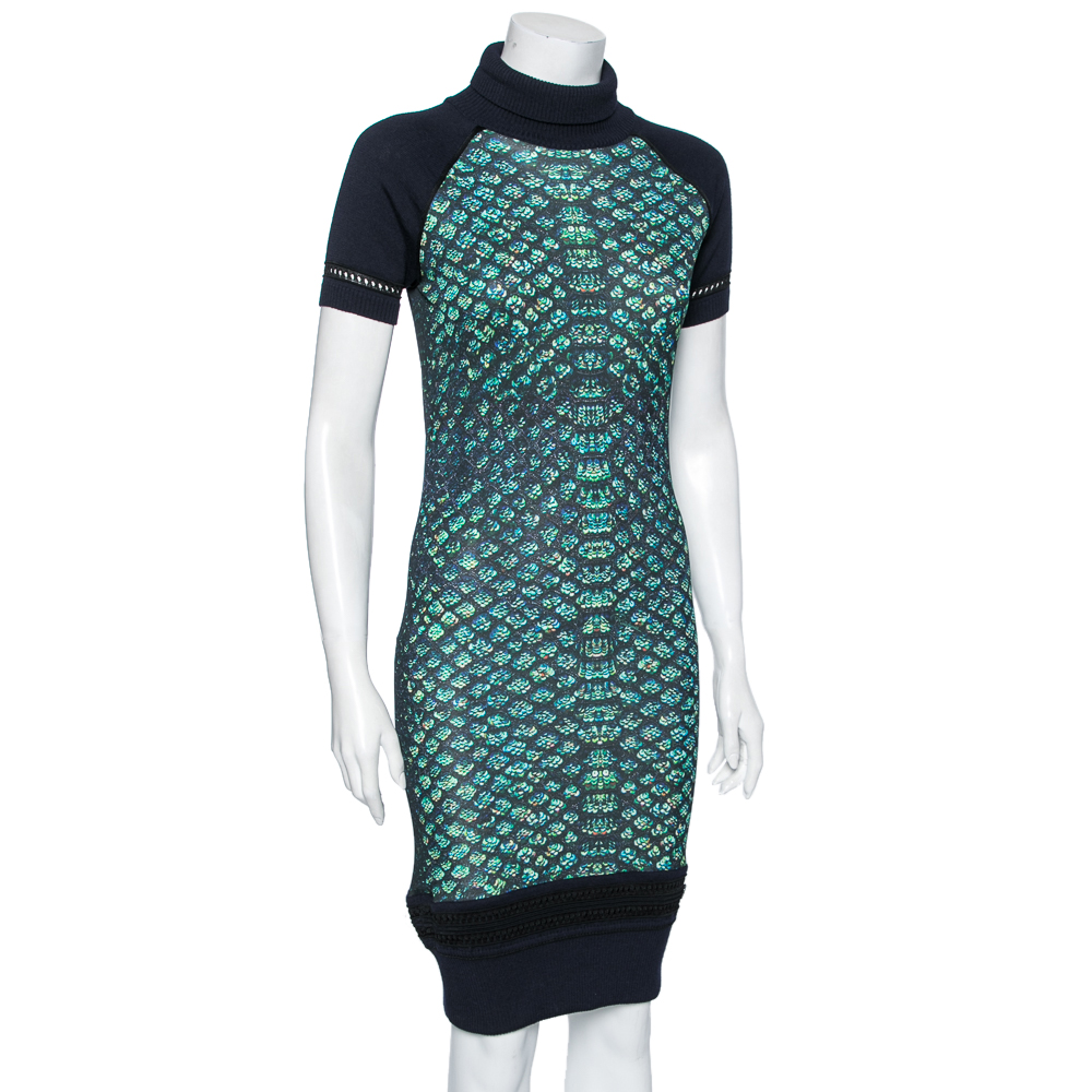 

Roberto Cavalli Multicolor Printed Jersey & Wool Knit Turtle Neck Midi Dress