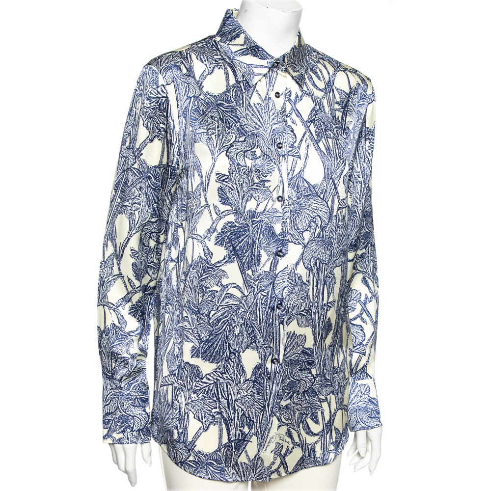 

Roberto Cavalli Blue & Cream Printed Satin Silk Button Front Shirt