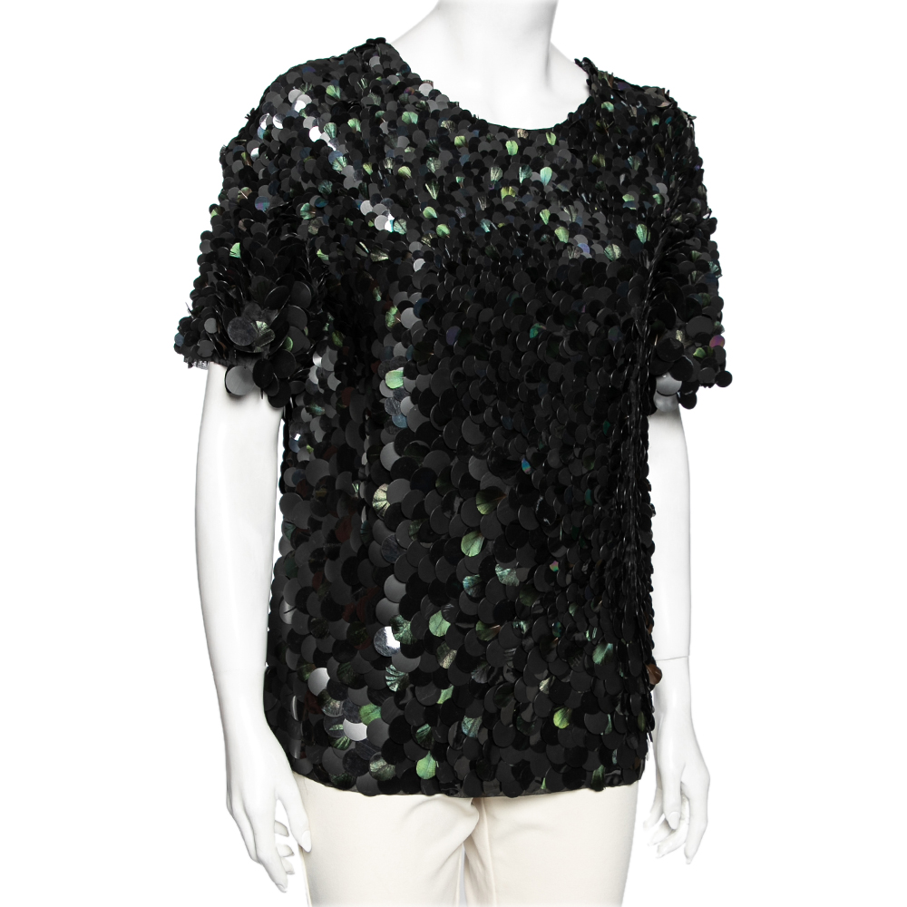 

Roberto Cavalli Two Toned Paillette & Feather Embellished Silk Top, Metallic