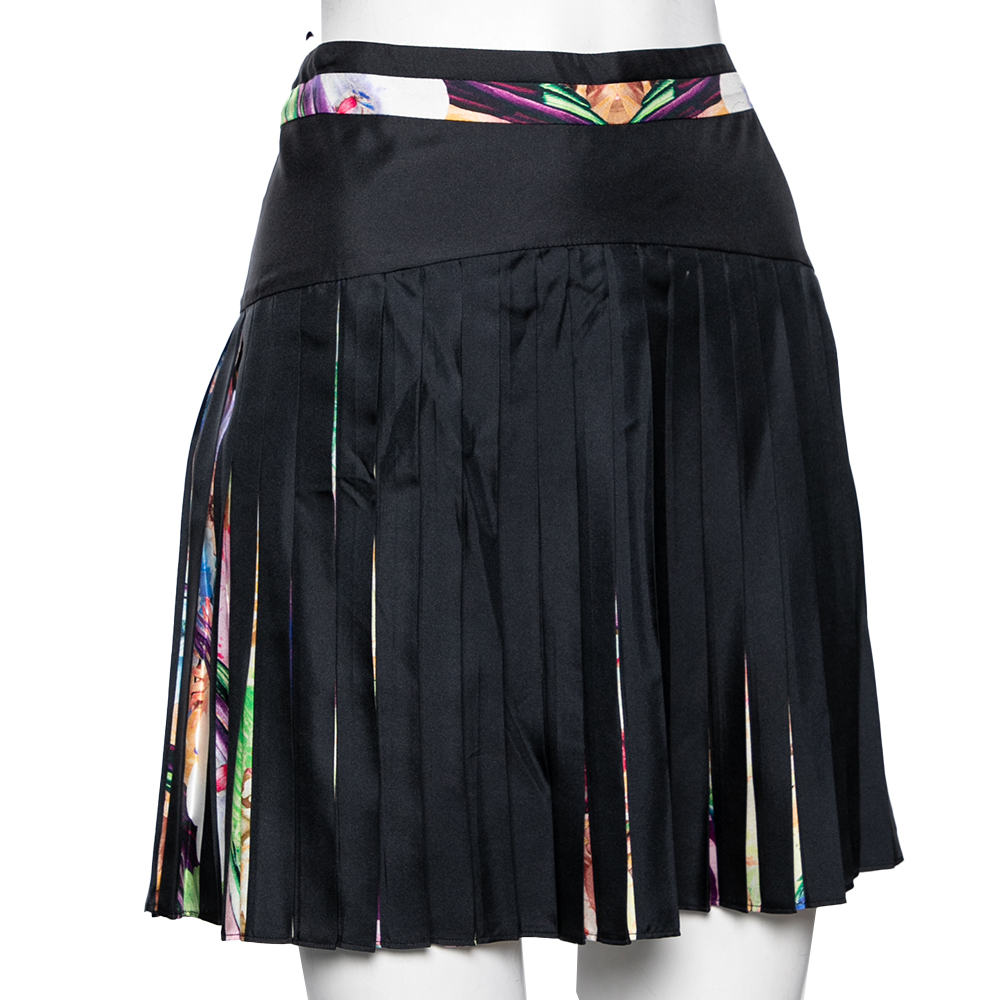 

Roberto Cavalli Black & Floral Printed Silk Pleated Short Skirt