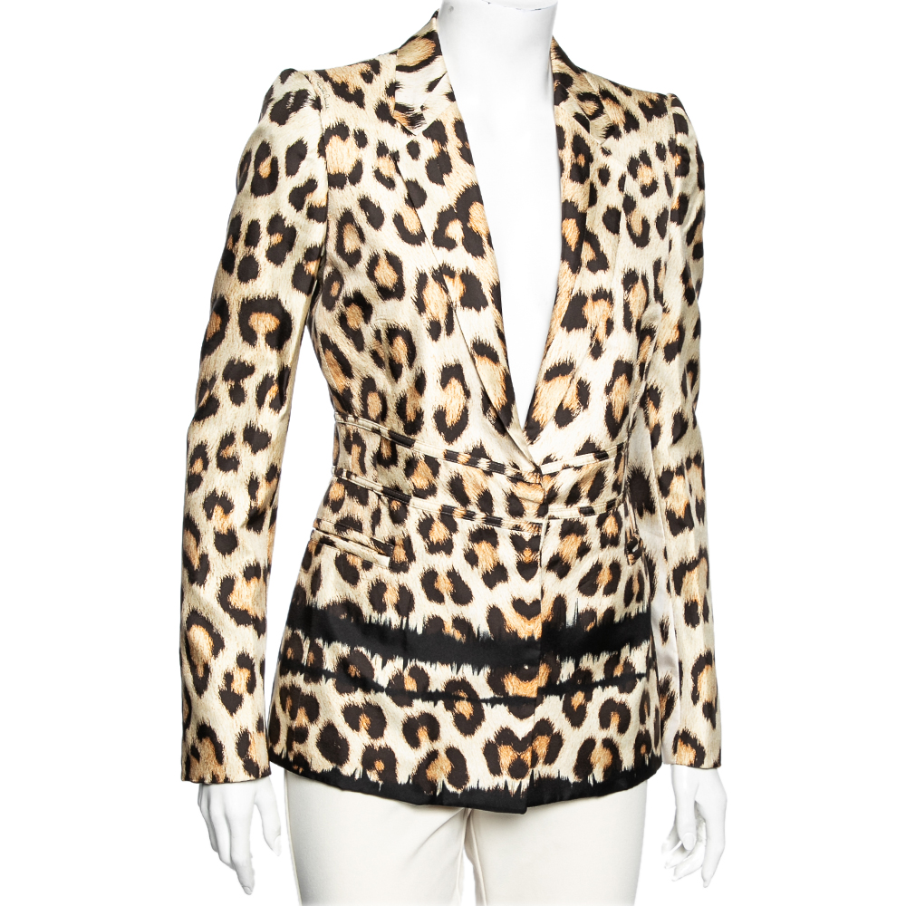 

Roberto Cavalli Beige Animal Printed Silk Single Breasted Blazer