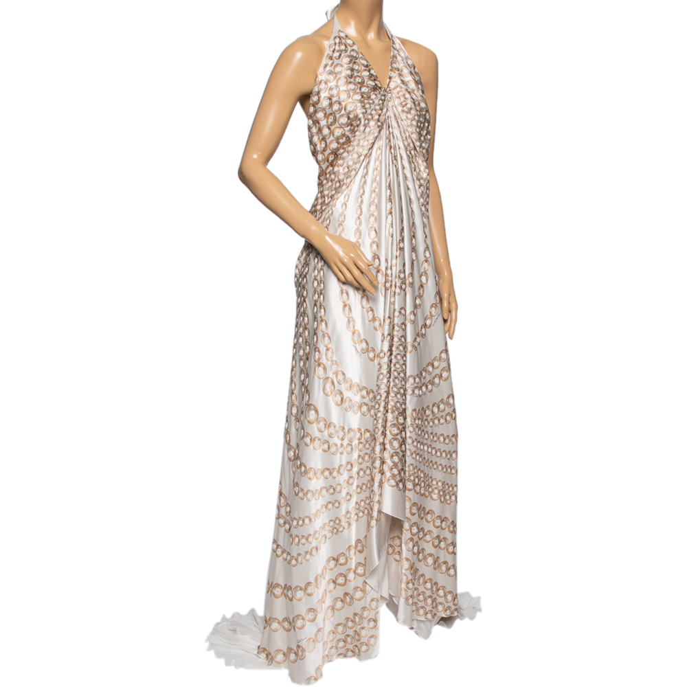 

Roberto Cavalli White Printed Silk Pleated Halter Neck Slit Detailed Flared Dress