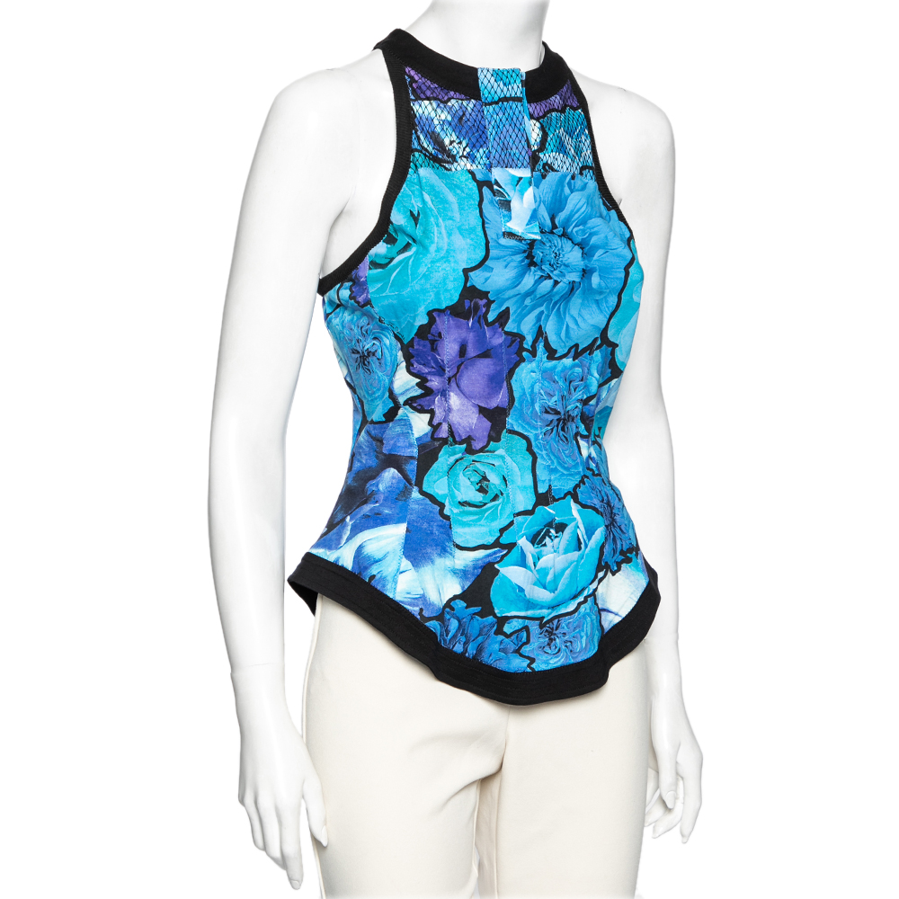 

Roberto Cavalli Blue Printed Cotton Net Detailed Tank Top