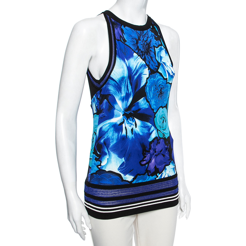 

Roberto Cavalli Blue Floral Printed Jersey Tank Top