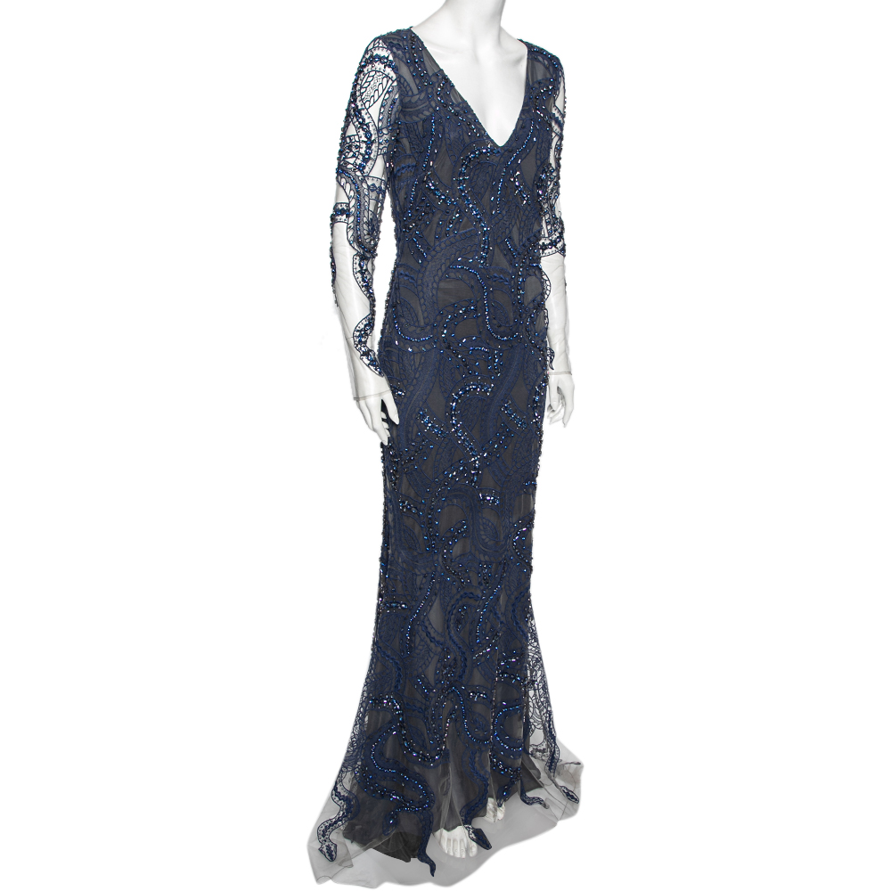 

Roberto Cavalli Blue Embroidered Crystal Embellished Tulle Cocktail Dress