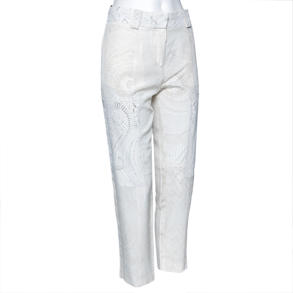 

Roberto Cavalli Off White Printed Silk Patched Tapered Trousers