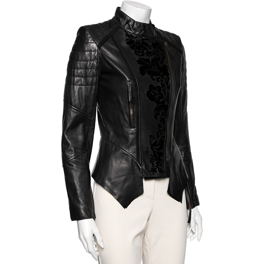 

Roberto Cavalli Black leather Floral Applique Detail Zip Front Peplum Jacket