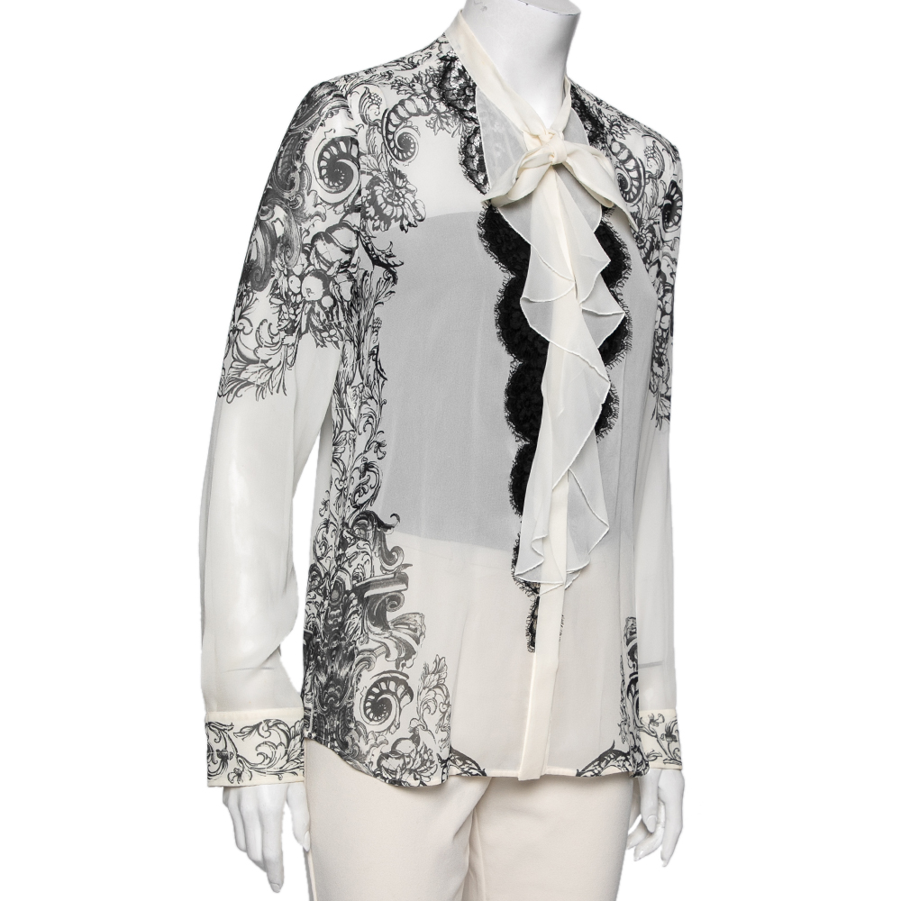 

Roberto Cavalli Monochrome Printed Silk & Lace Ruffle Trimmed Shirt, White