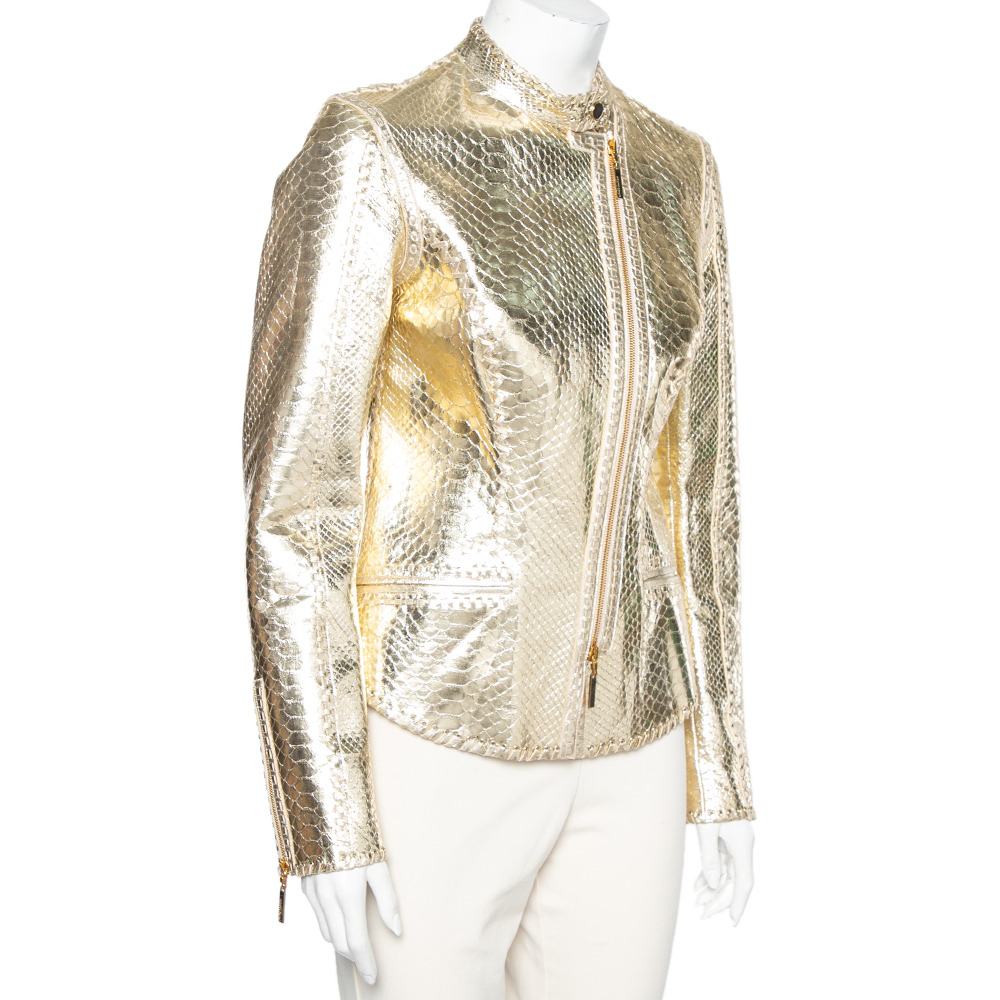 

Roberto Cavalli Gold Snakeskin Leather Zip Front Jacket