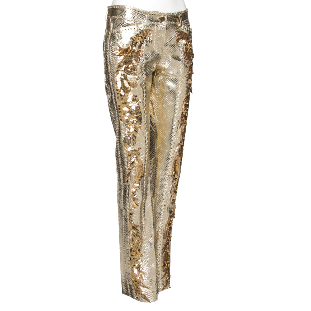 

Roberto Cavalli Gold Python Leather Sequin Embellished Pants