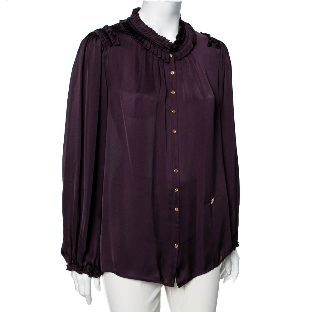 

Roberto Cavalli Purple Silk Ruffle Detail Button Front Shirt
