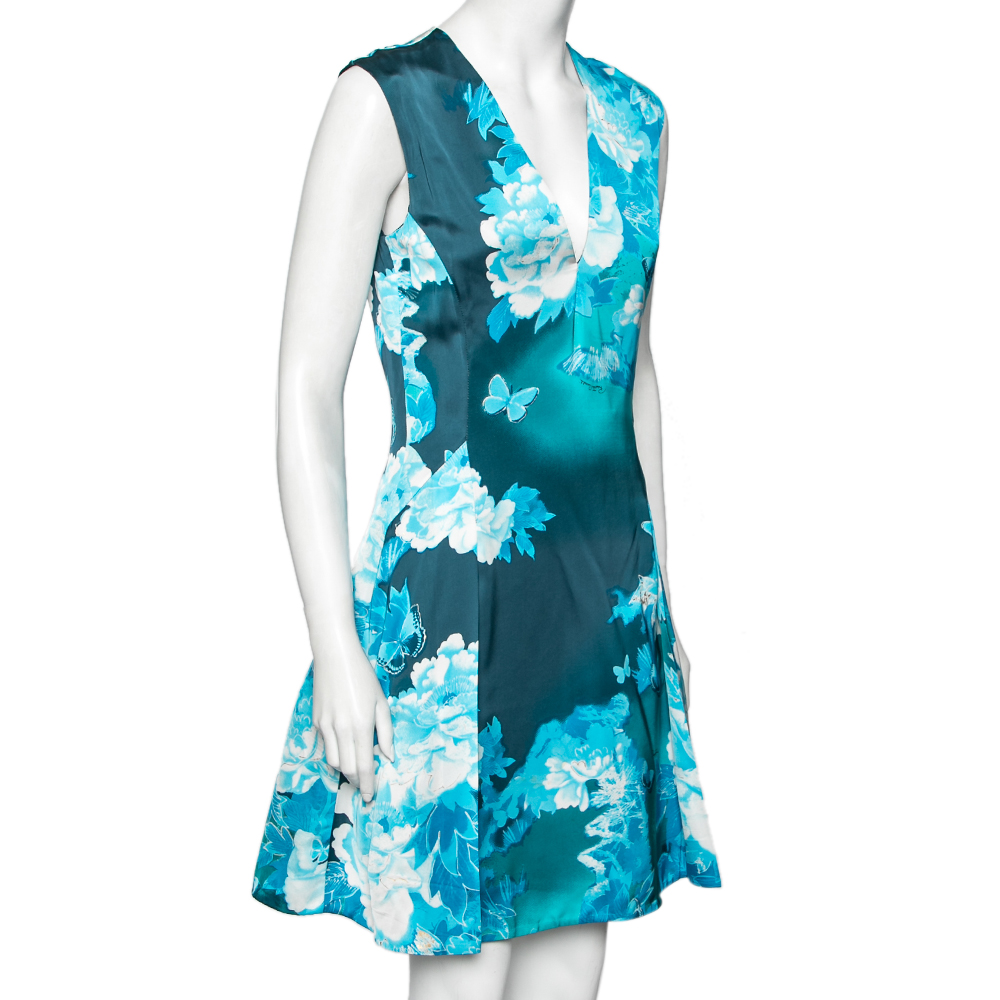 

Roberto Cavalli Blue Butterfly Printed Satin Sleeveless Midi Dress