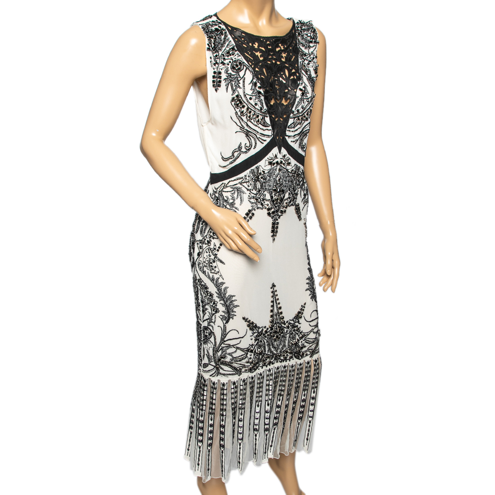 

Roberto Cavalli White Embellished Silk & Laser Cut Inset Detailed Dress