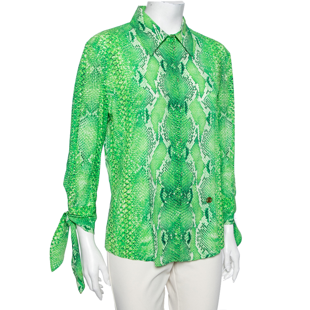 

Roberto Cavalli Green Snake Print Stretch Silk Shirt