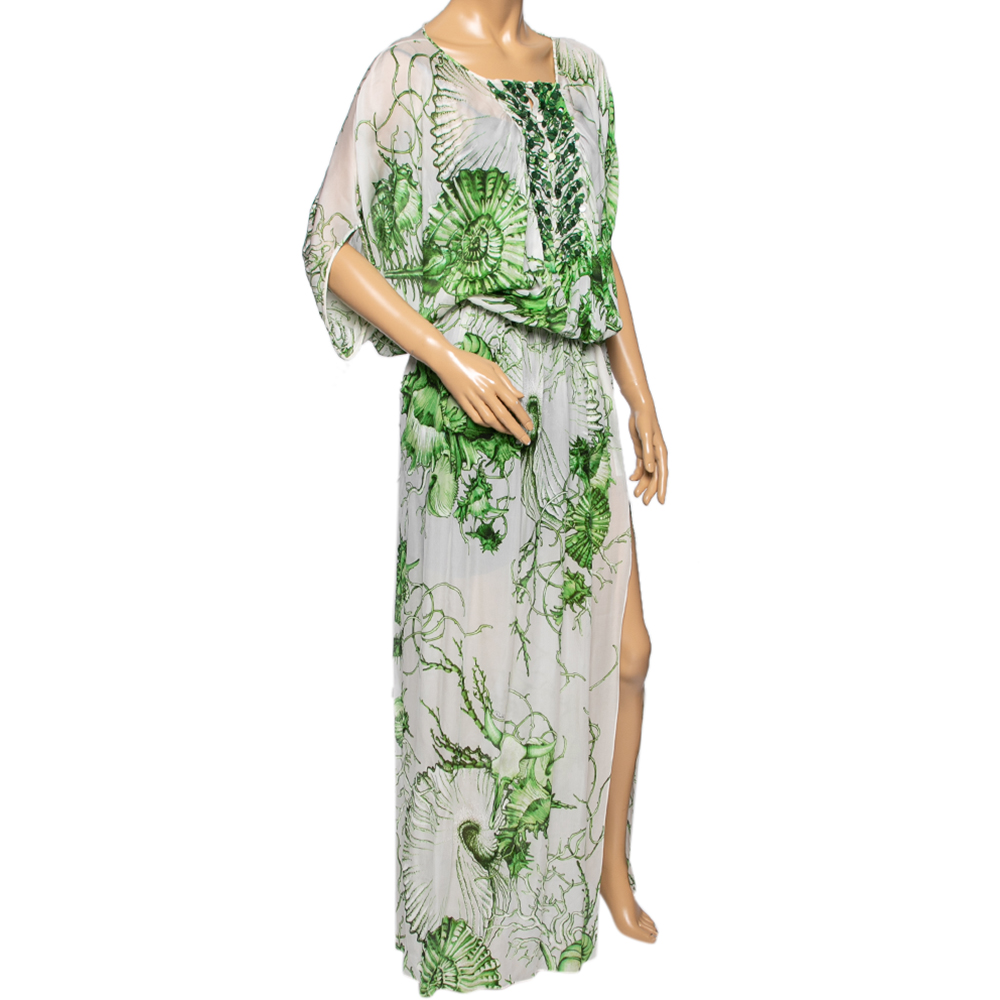 

Roberto Cavalli White/Green Floral Printed Silk Sequin Embellished Slit Detailed Dress