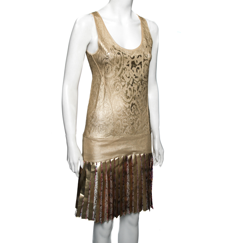 

Roberto Cavalli Gold Knit Sequin Embellished Pleated Dress