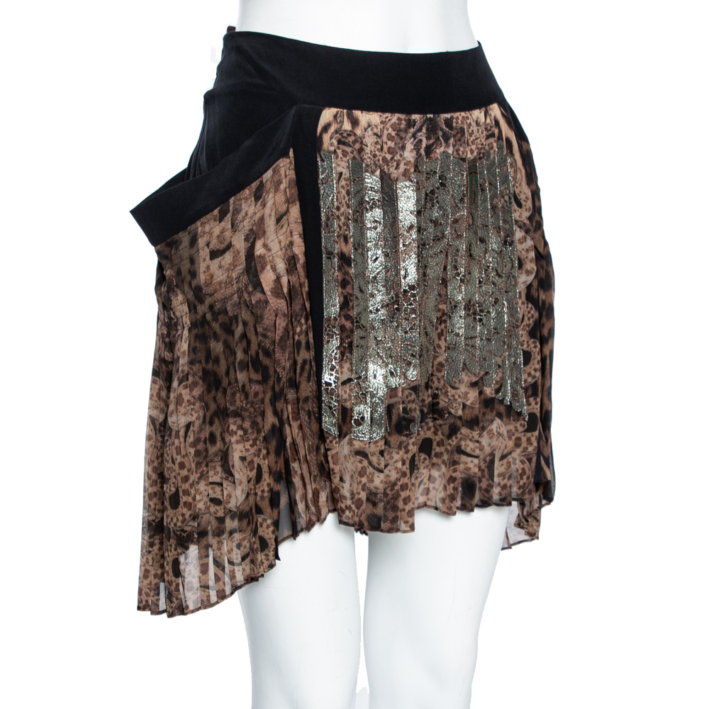 

Roberto Cavalli Brown Printed Silk & Leather Detailed Pleated Skirt