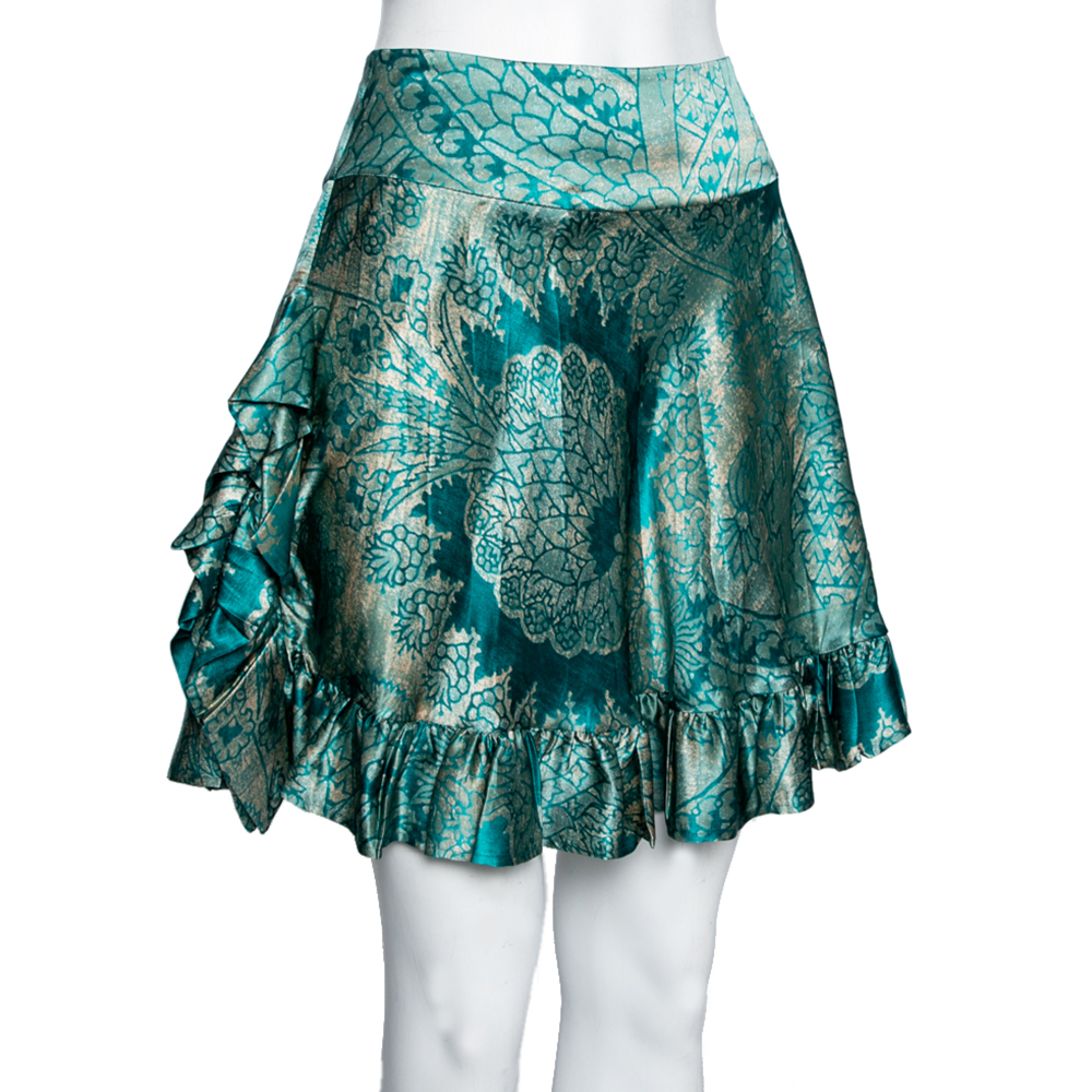 

Roberto Cavalli Green Printed Silk Ruffle Trimmed Skirt