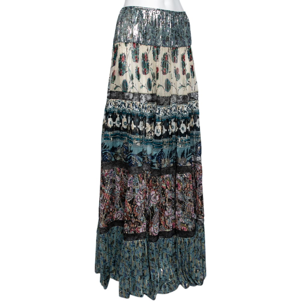 

Roberto Cavalli Multicolor Printed Fil Coupe Tiered Maxi Skirt