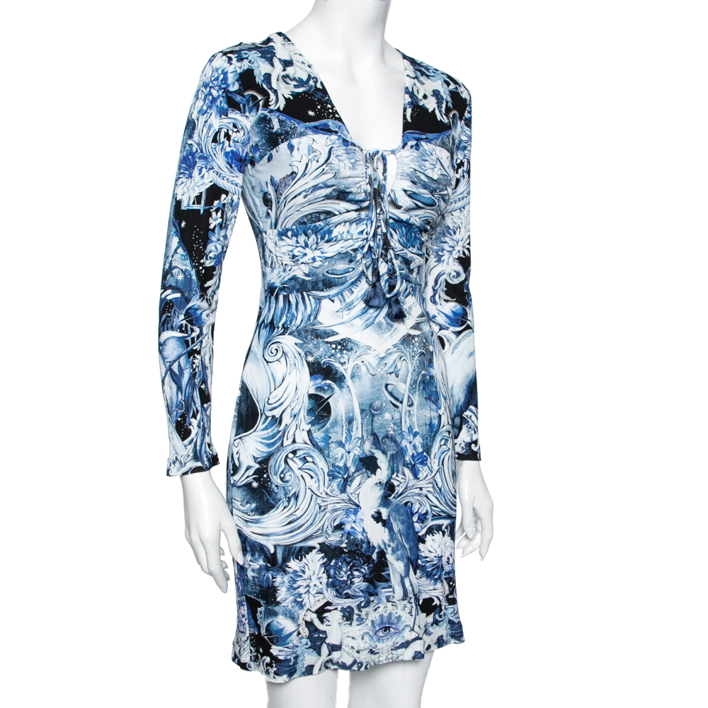 

Roberto Cavalli Blue Printed Jersey Tie Detail Dress