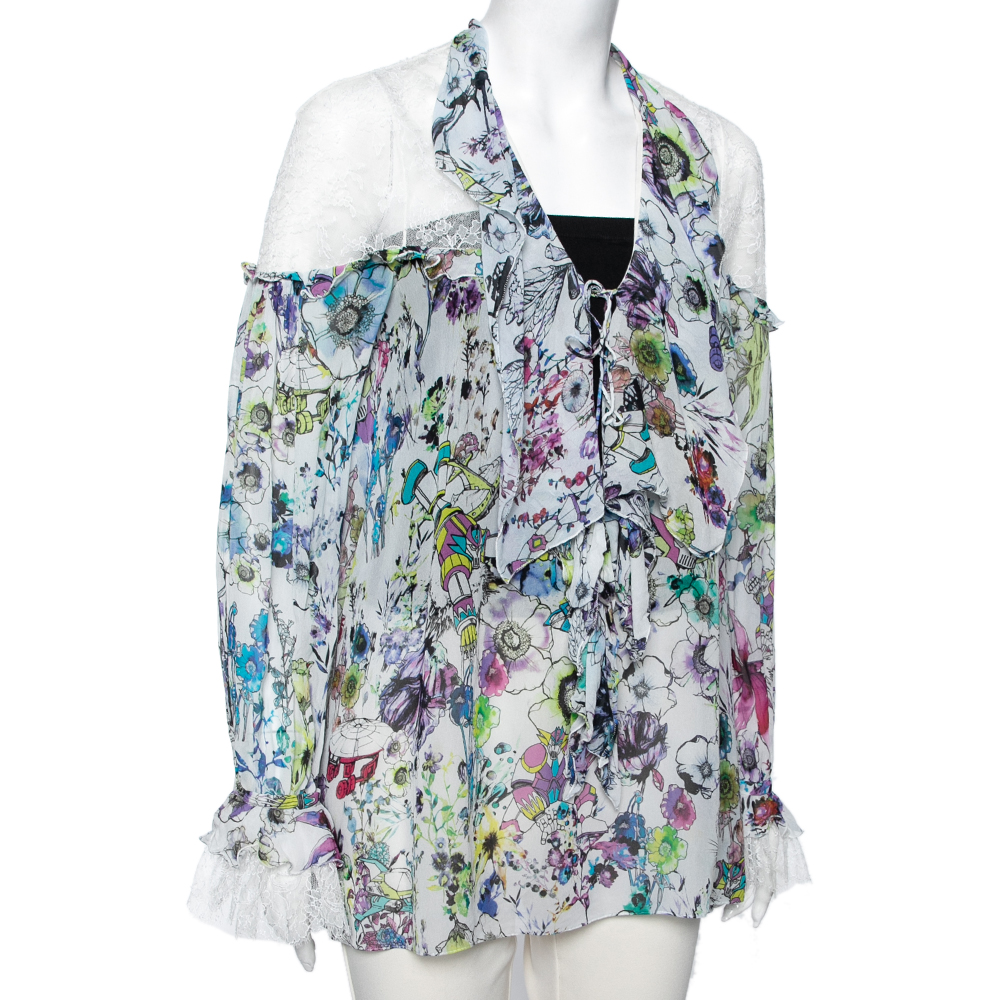 

Roberto Cavalli Multicolor Floral Printed Chiffon and Lace Ruffle Detailed Blouse