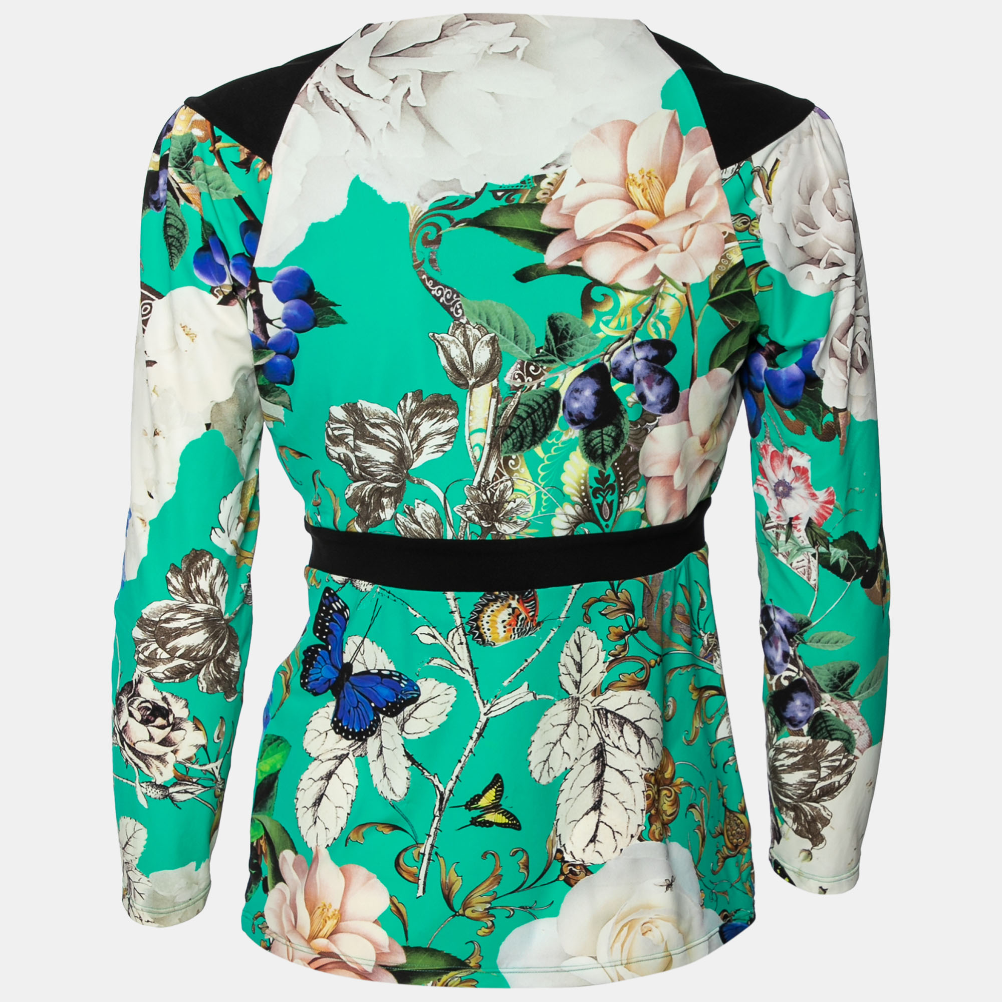 

Roberto Cavalli Green Floral Printed Jersey V-Neck Top