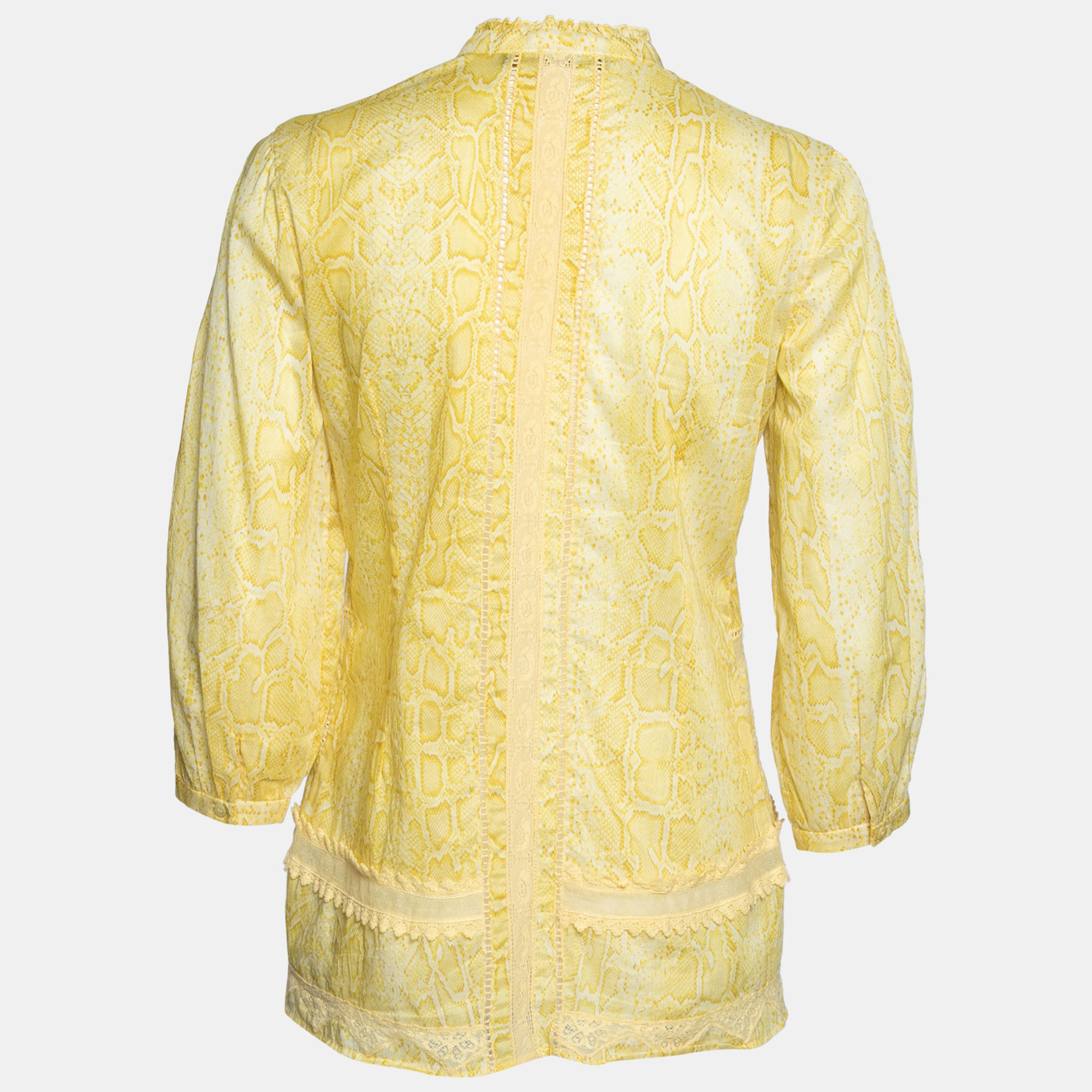 

Roberto Cavalli Yellow Printed Cotton Lace Inset Button Front Blouse