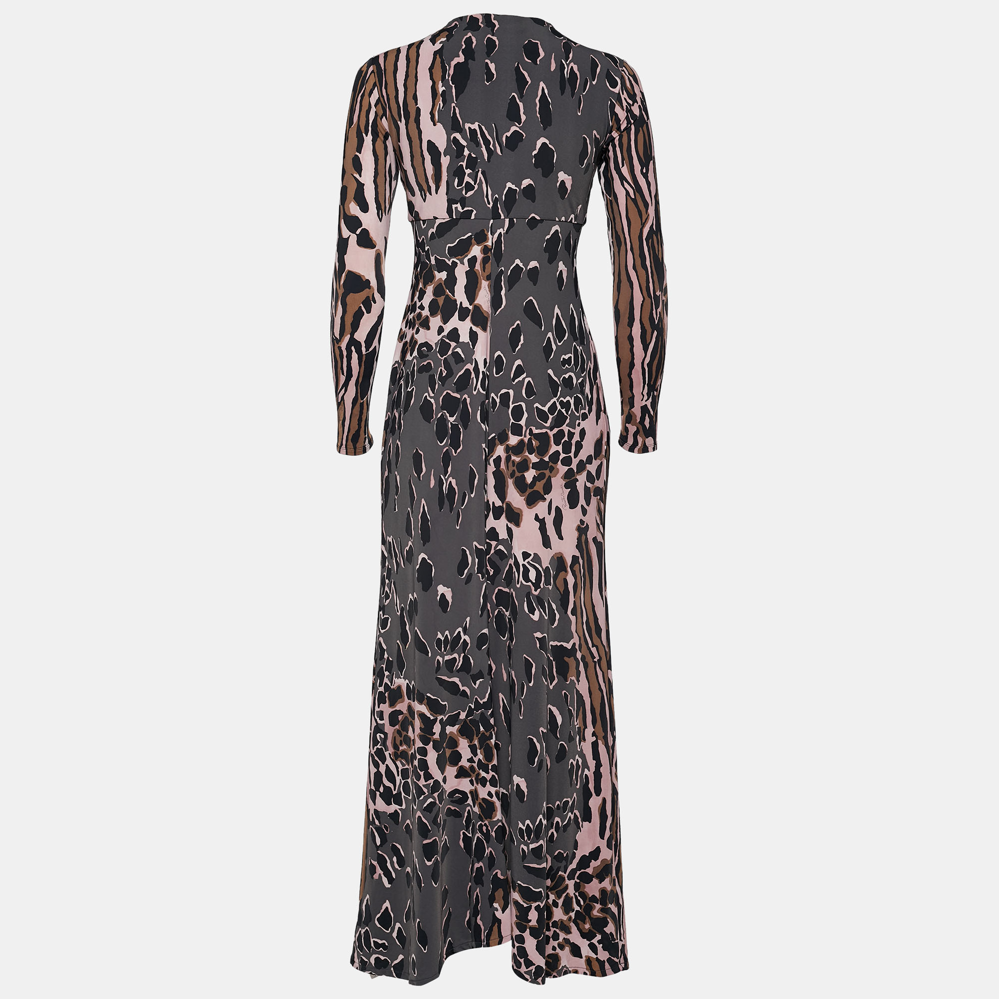 

Roberto Cavalli Grey and Pink Ruched Animal Print Jersey Long Sleeve Maxi Dress