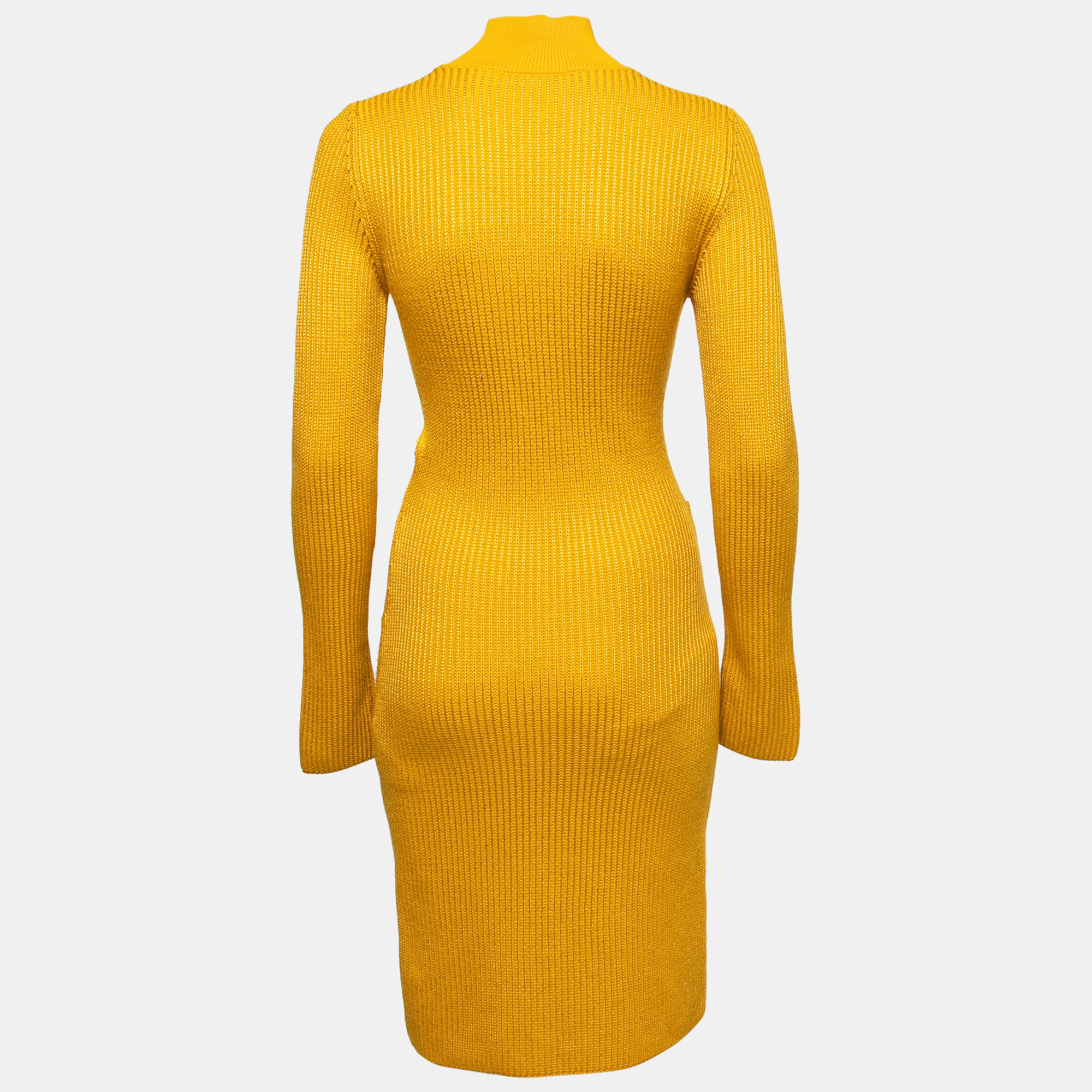 

Roberto Cavalli Yellow Anatomical Rib Knit Crossover Cut-Out Detail Dress