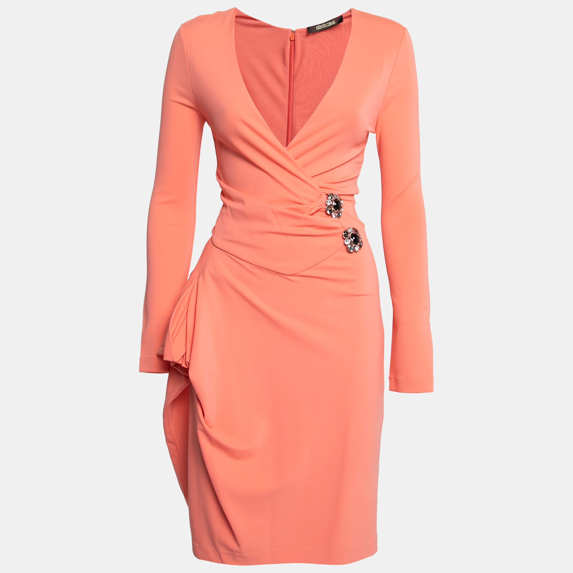 

Roberto Cavalli Peach Jersey Embellished Wrap Detail Draped Dress S, Pink